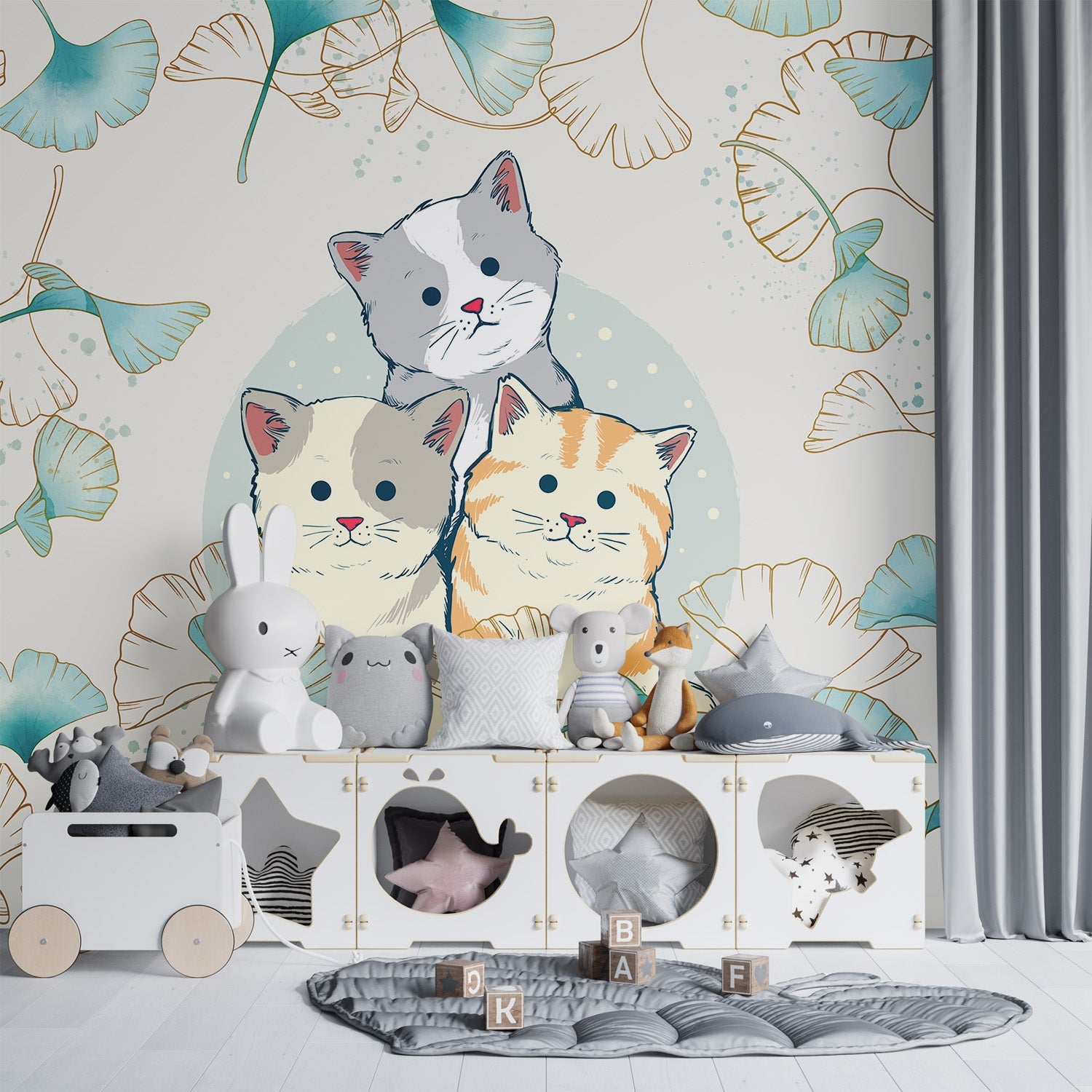 Papier peint panoramique 3 petits chats chambre enfant - Kam & Leon