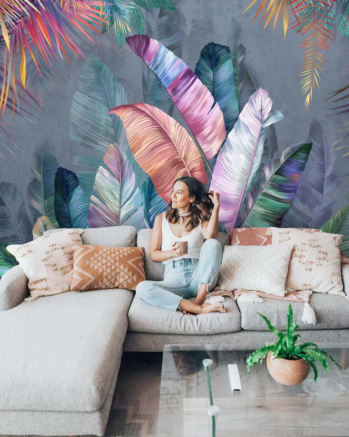 Papier peint panoramique ambiance jungle colorée - Kam & Leon