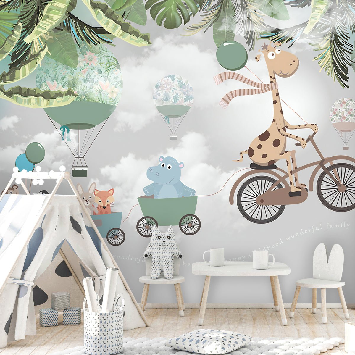 Papier peint panoramique animaux à vélo chambre enfant - Kam & Leon