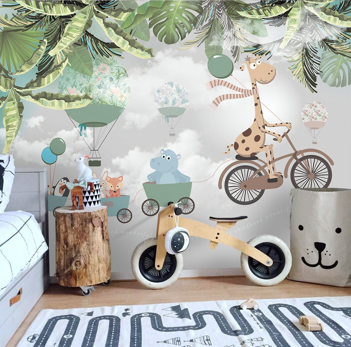 Papier peint panoramique animaux à vélo chambre enfant - Kam & Leon