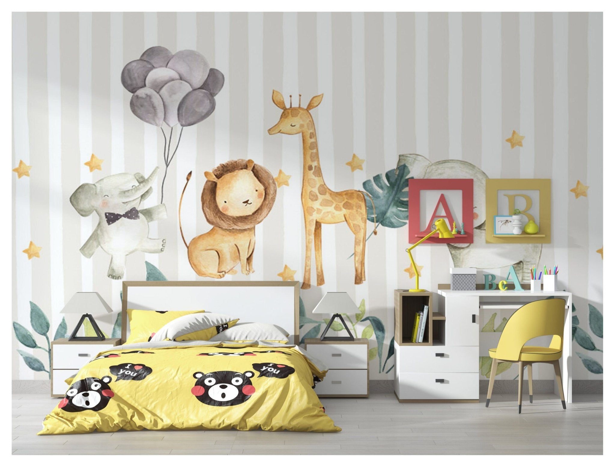 Papier peint panoramique animaux de la savane chambre enfant - Kam & Leon