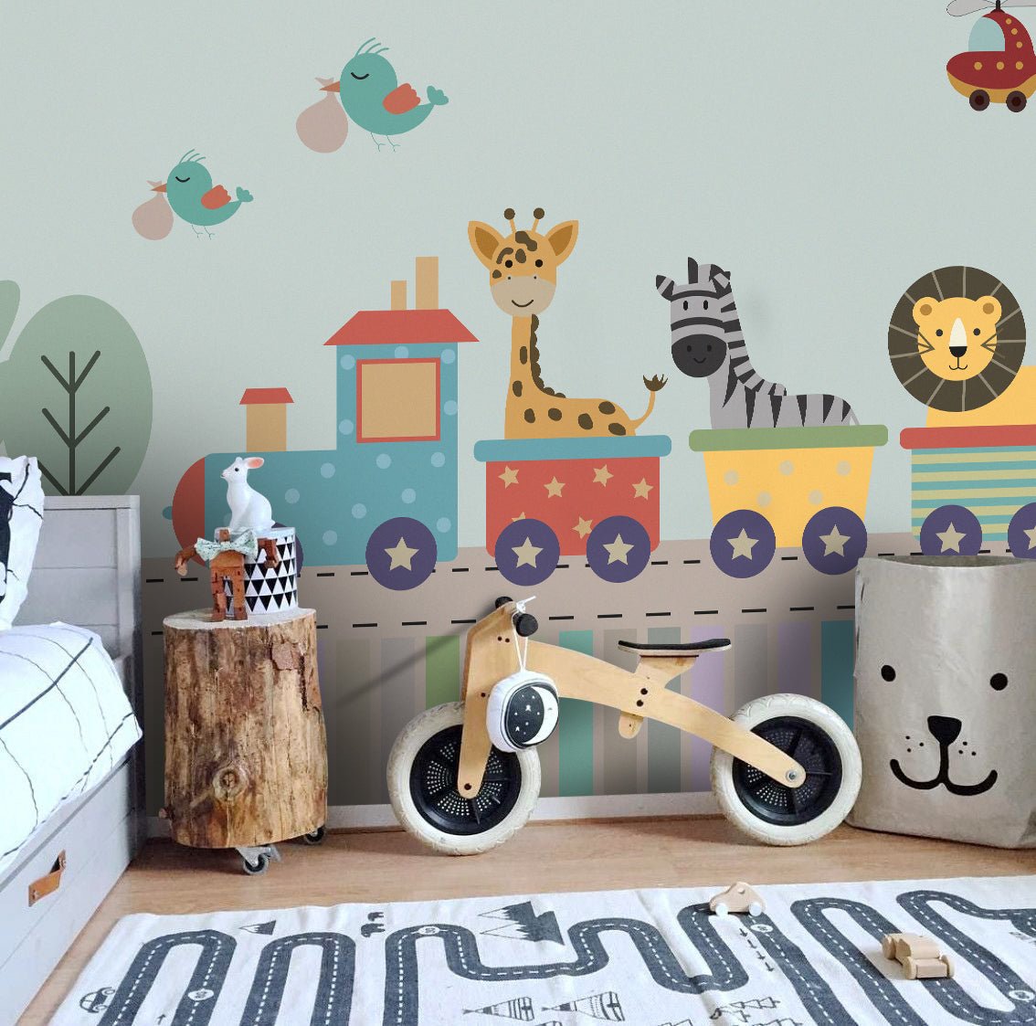 Papier peint panoramique animaux en petit train chambre enfant - Kam & Leon