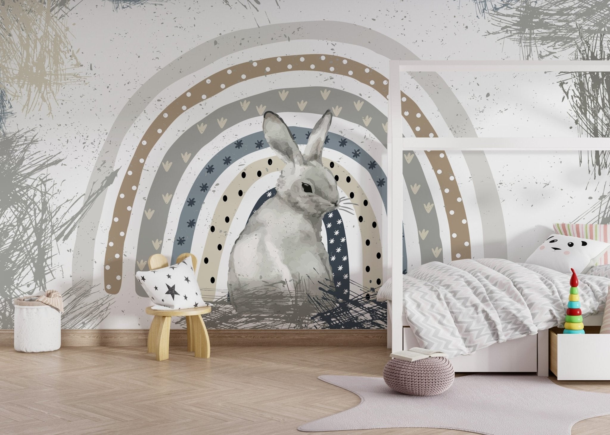 Papier peint panoramique arc-en-ciel & Lapin chambre enfant - Kam & Leon