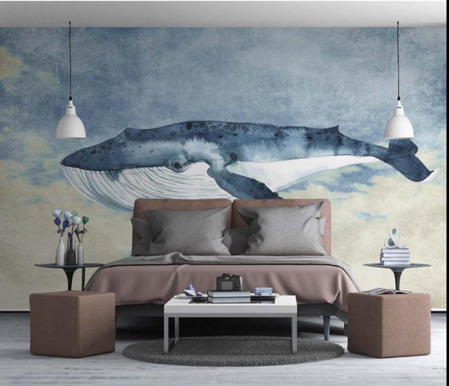 Papier peint panoramique baleine bleue - Kam & Leon