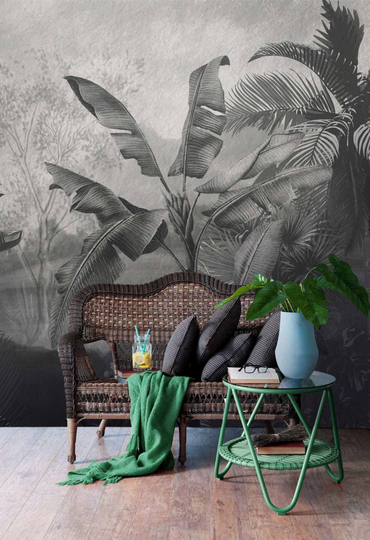 Papier peint panoramique bananier noir et blanc - Kam & Leon