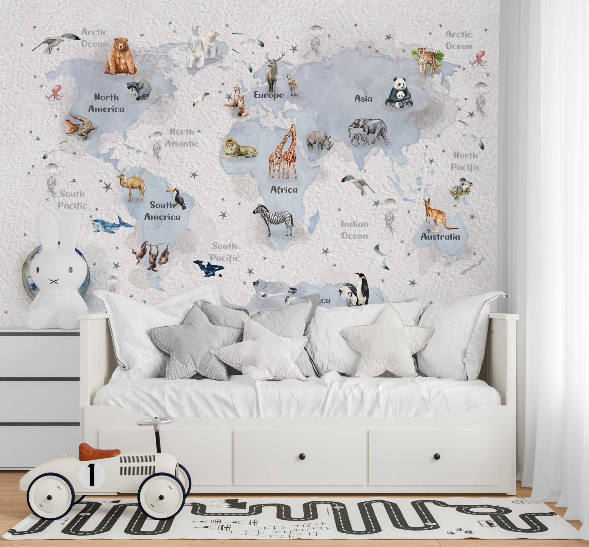 Papier peint panoramique carte du monde animaux - Kam & Leon