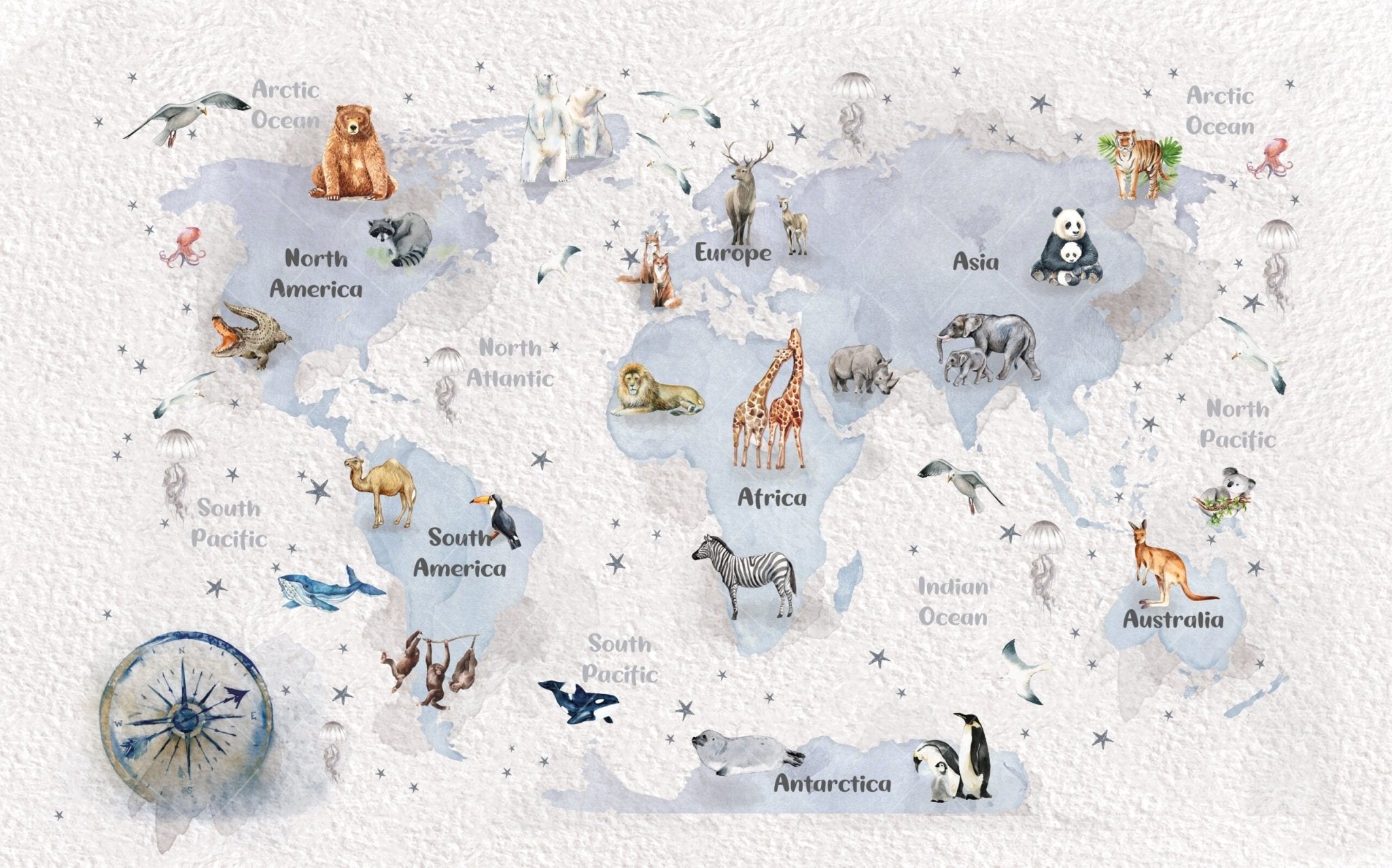 Papier peint panoramique carte du monde animaux - Kam & Leon