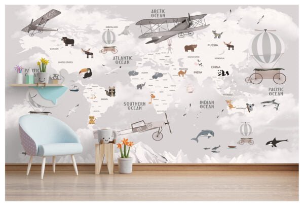Papier peint panoramique carte du monde avions & animaux - Kam & Leon