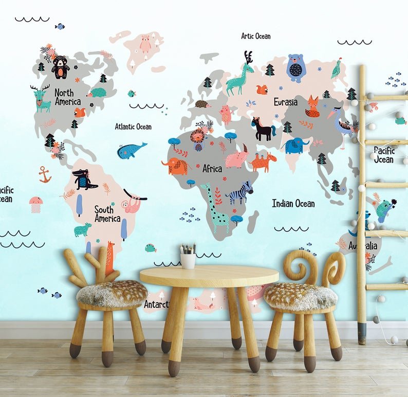 Papier peint panoramique carte du monde chambre enfant - Kam & Leon