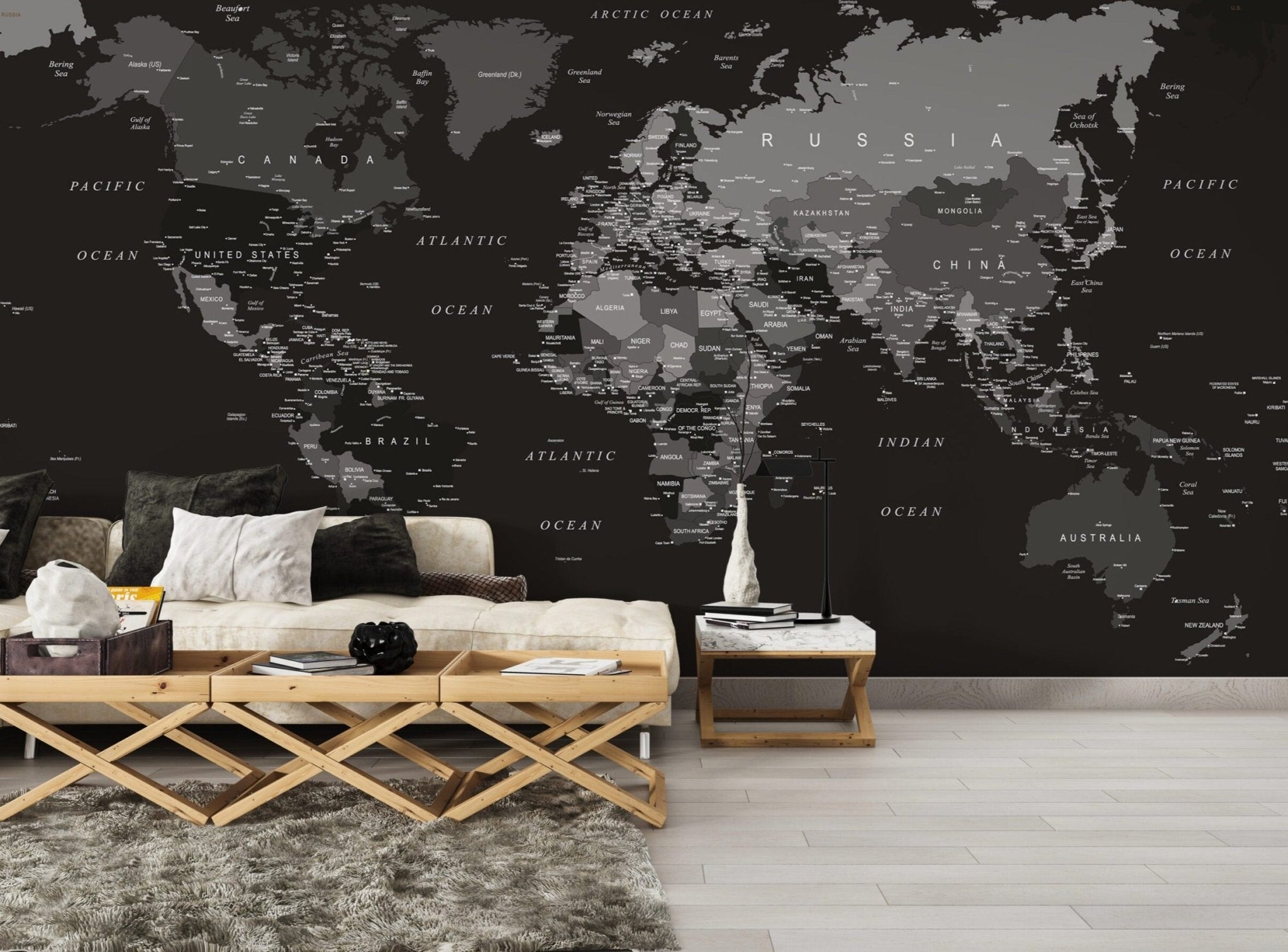 Papier peint panoramique carte du monde noire - Kam & Leon