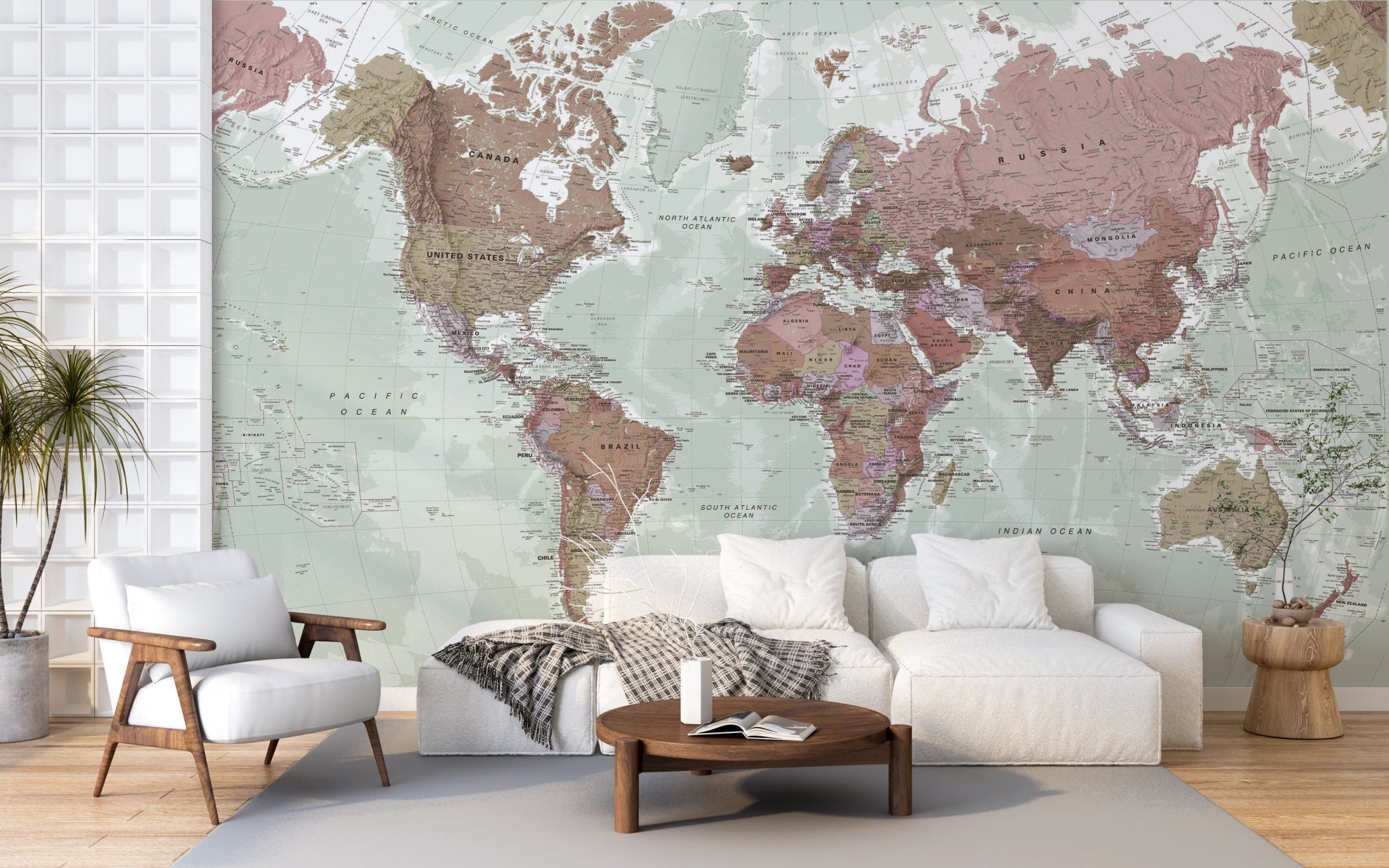 Papier peint panoramique carte du monde rose - Kam & Leon