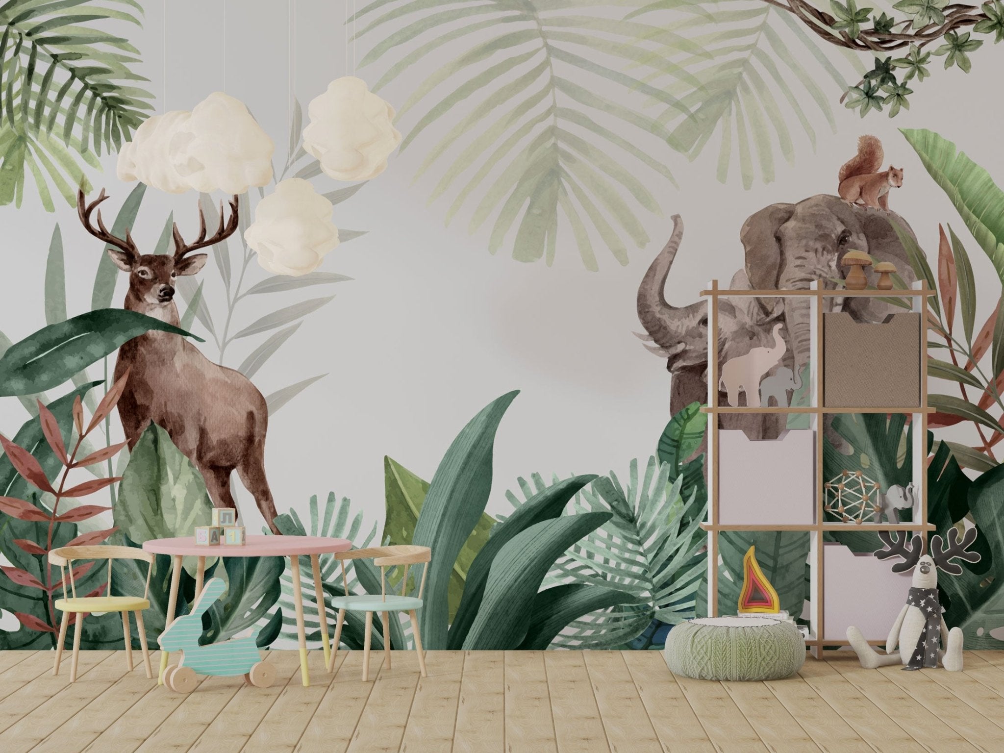 Papier peint panoramique cerf, éléphant et végétation exotique - Kam & Leon