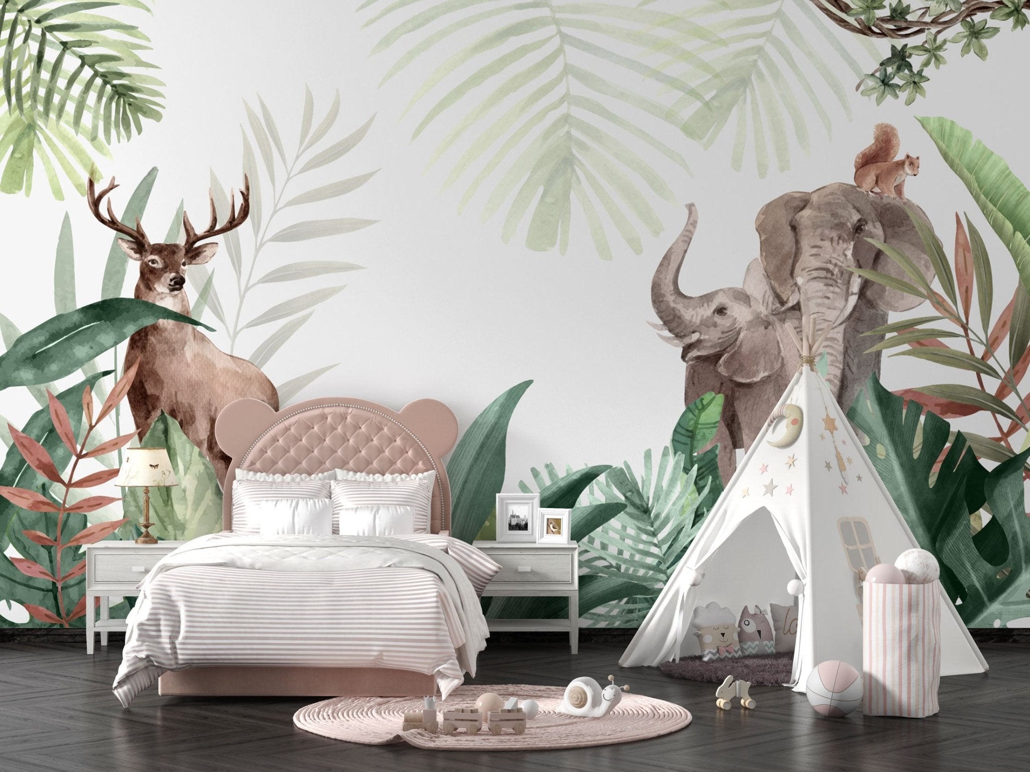 Papier peint panoramique cerf, éléphant et végétation exotique - Kam & Leon