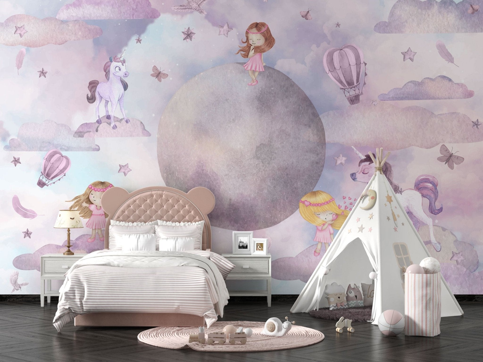 Papier peint panoramique chambre enfant lune, montgolfière & licorne rose - Kam & Leon