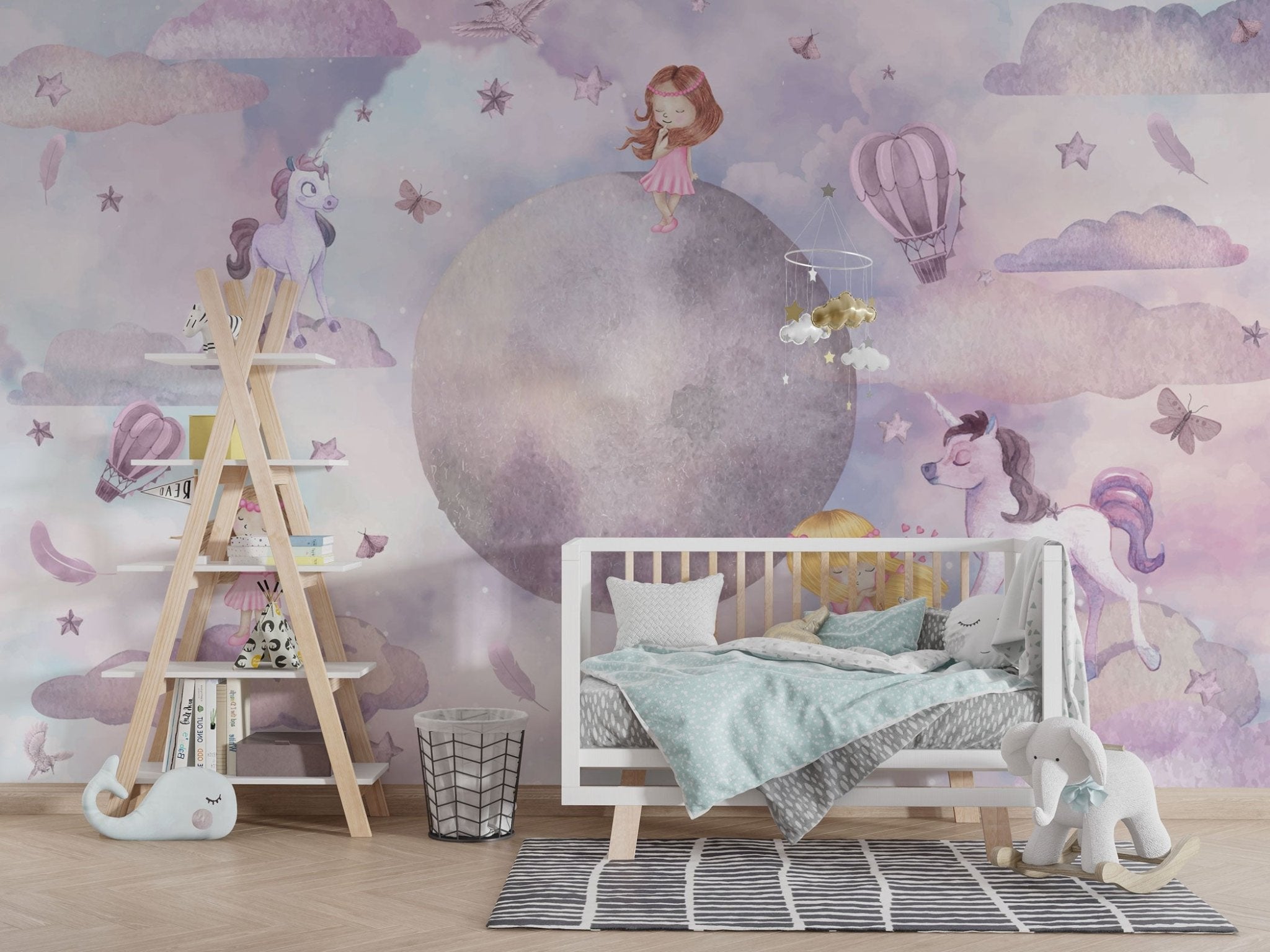 Papier peint panoramique chambre enfant lune, montgolfière & licorne rose - Kam & Leon
