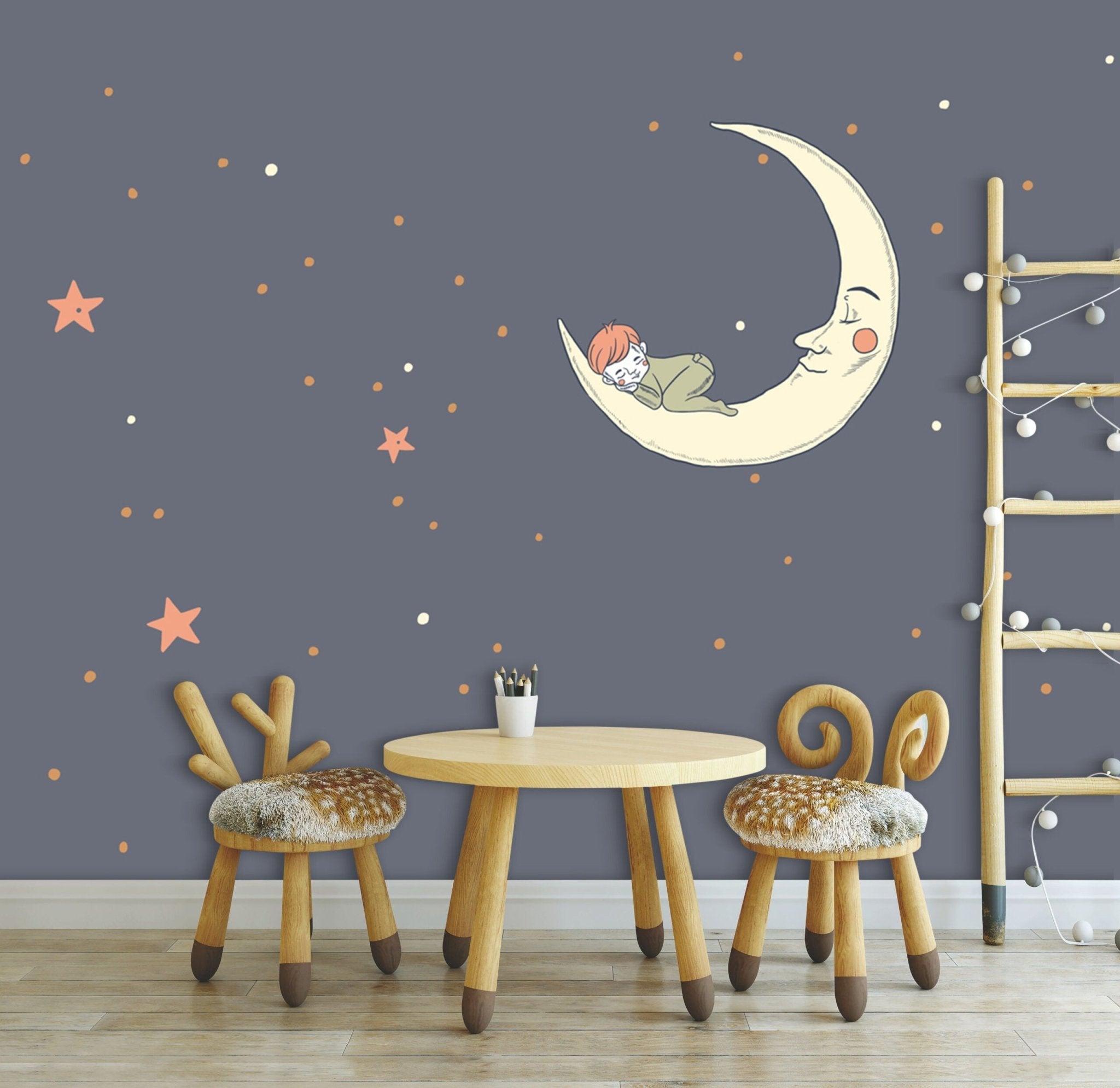 Papier peint panoramique chambre enfant lune rêveuse - Kam & Leon