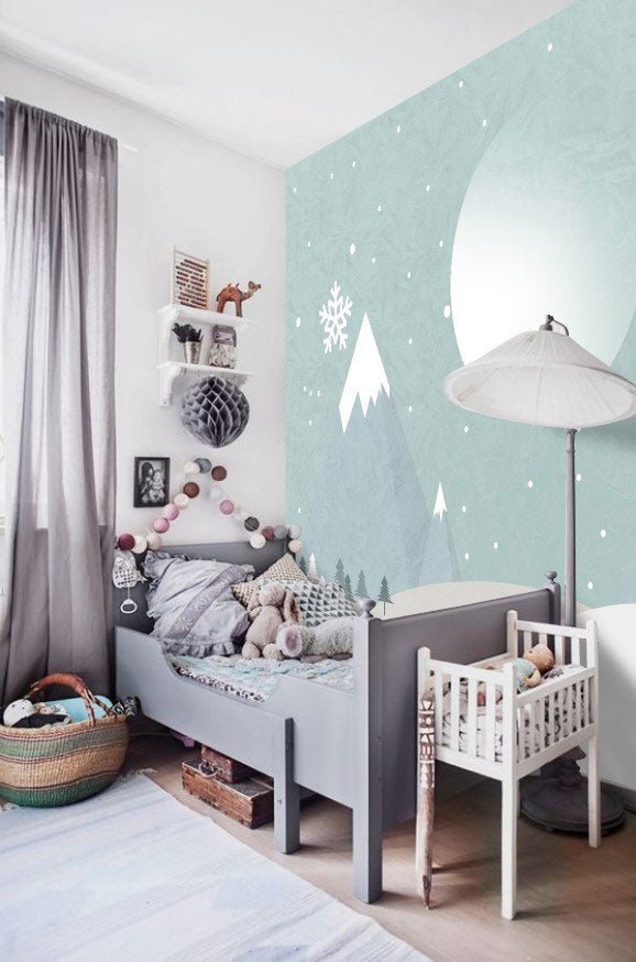 Papier peint panoramique chambre enfant montagne enneigée - Kam & Leon