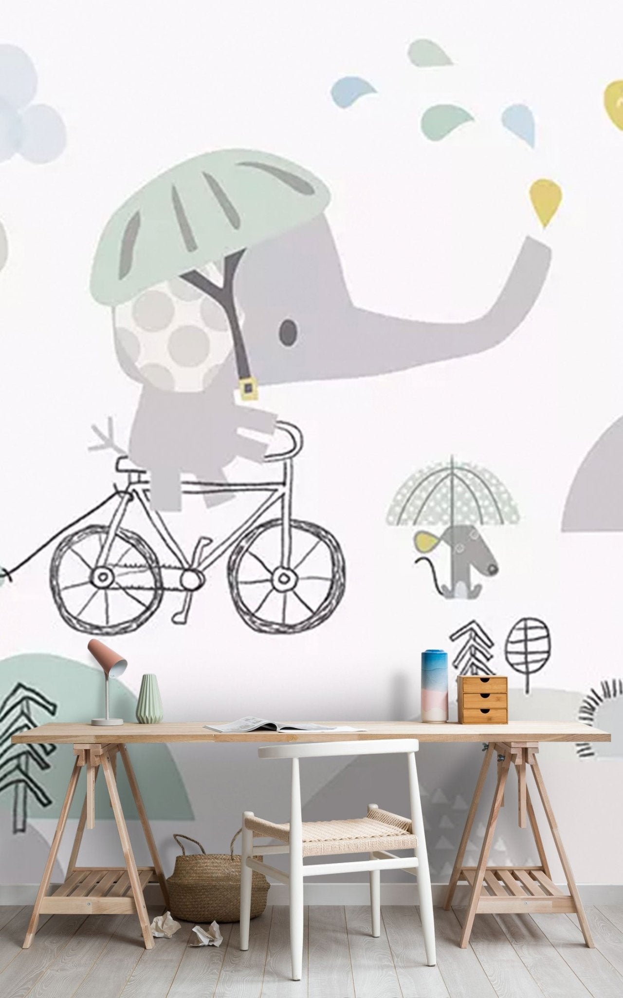 Papier peint panoramique éléphant à vélo - Kam & Leon
