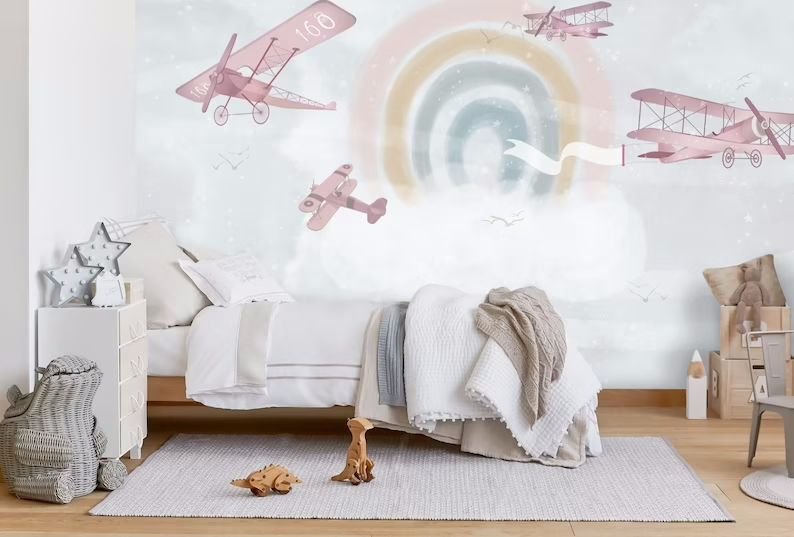 Papier peint panoramique enfant avions et arc-en-ciel rose - Kam & Leon