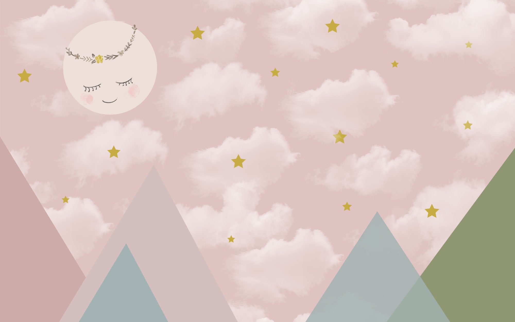 Papier peint panoramique enfant montagne rose et lune endormie - Kam & Leon