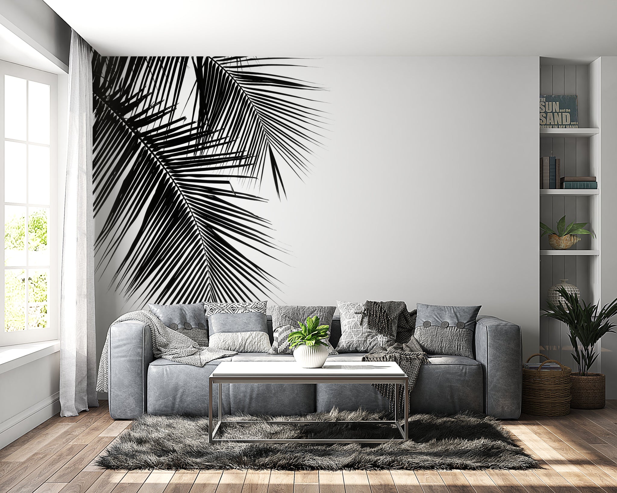Papier peint panoramique feuille de palmier en noir & blanc - Kam & Leon