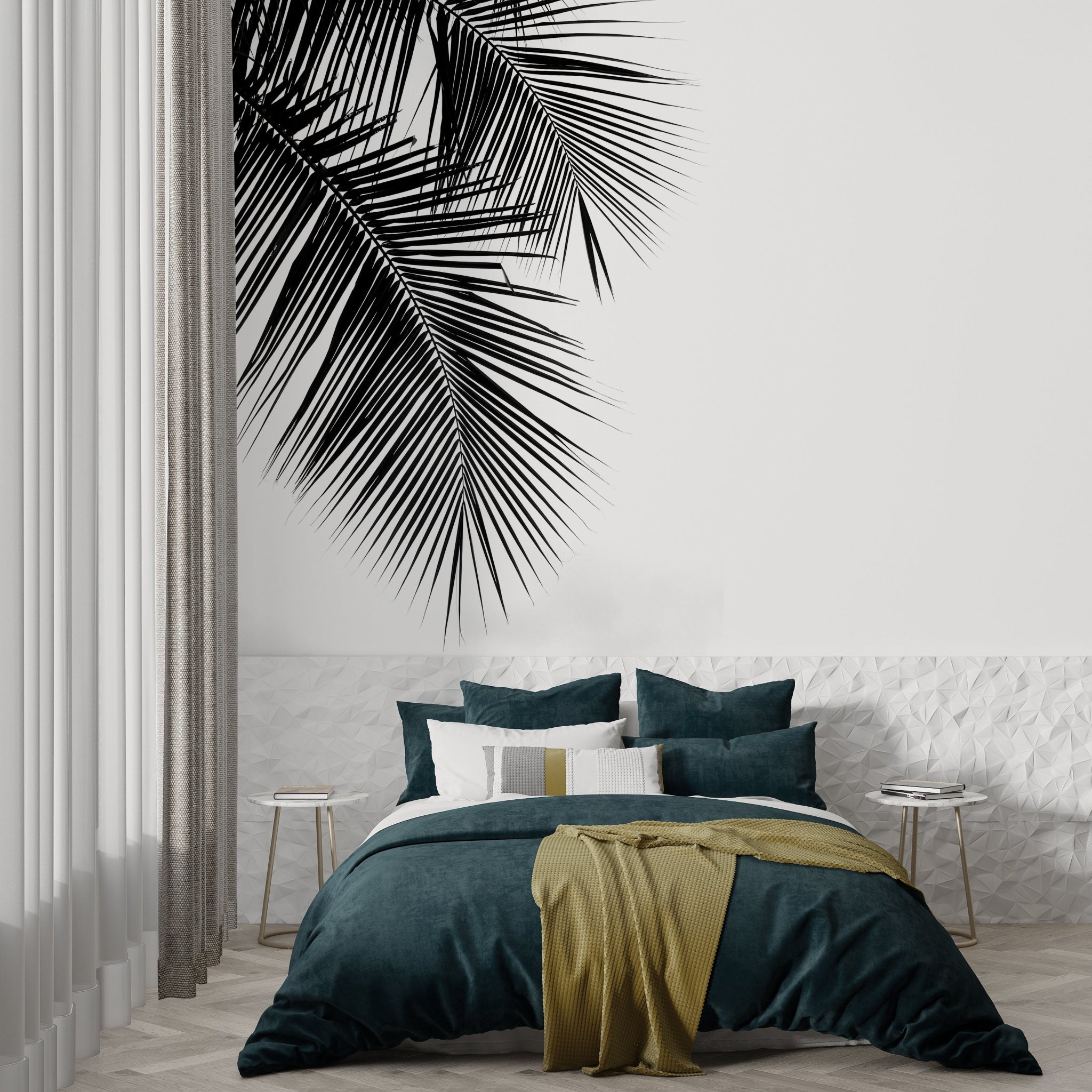 Papier peint panoramique feuille de palmier en noir & blanc - Kam & Leon