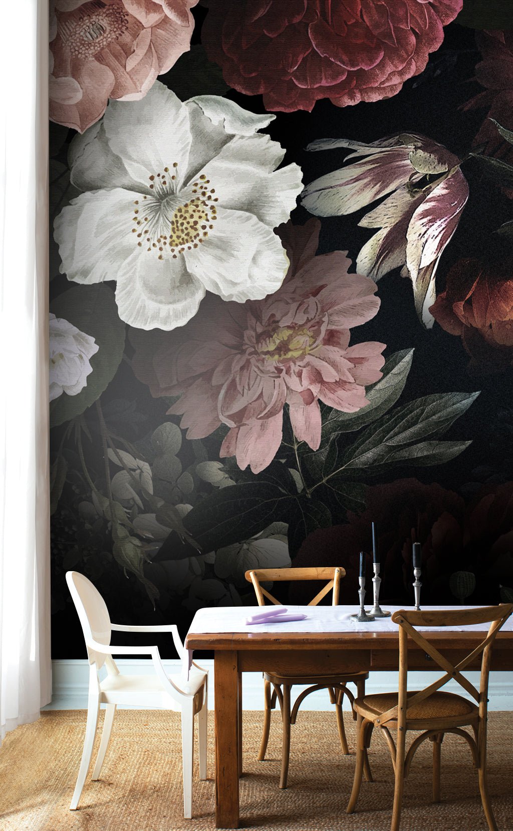 Papier peint panoramique fleurs bordeaux et blanches - Kam & Leon