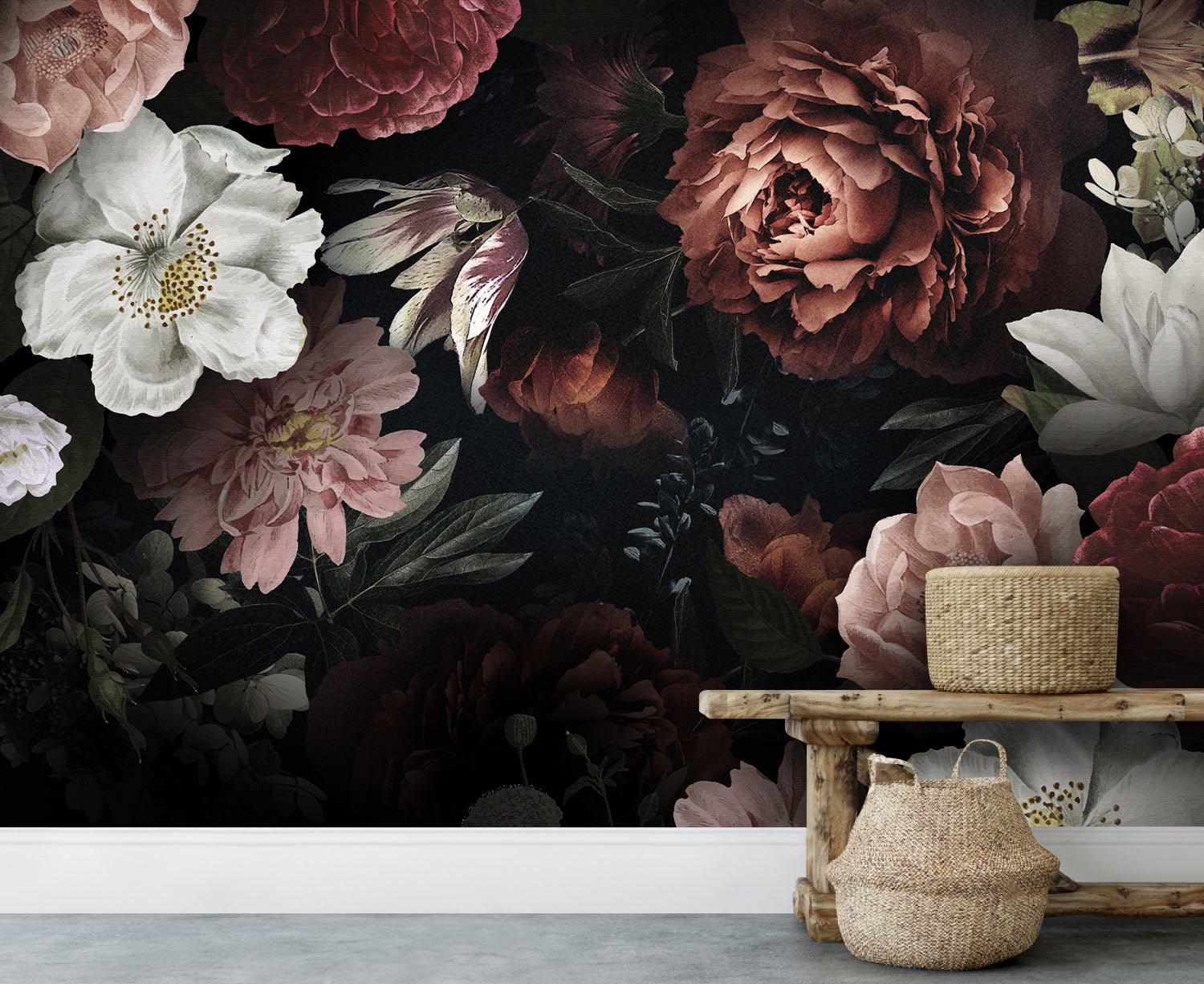 Papier peint panoramique fleurs bordeaux et blanches - Kam & Leon
