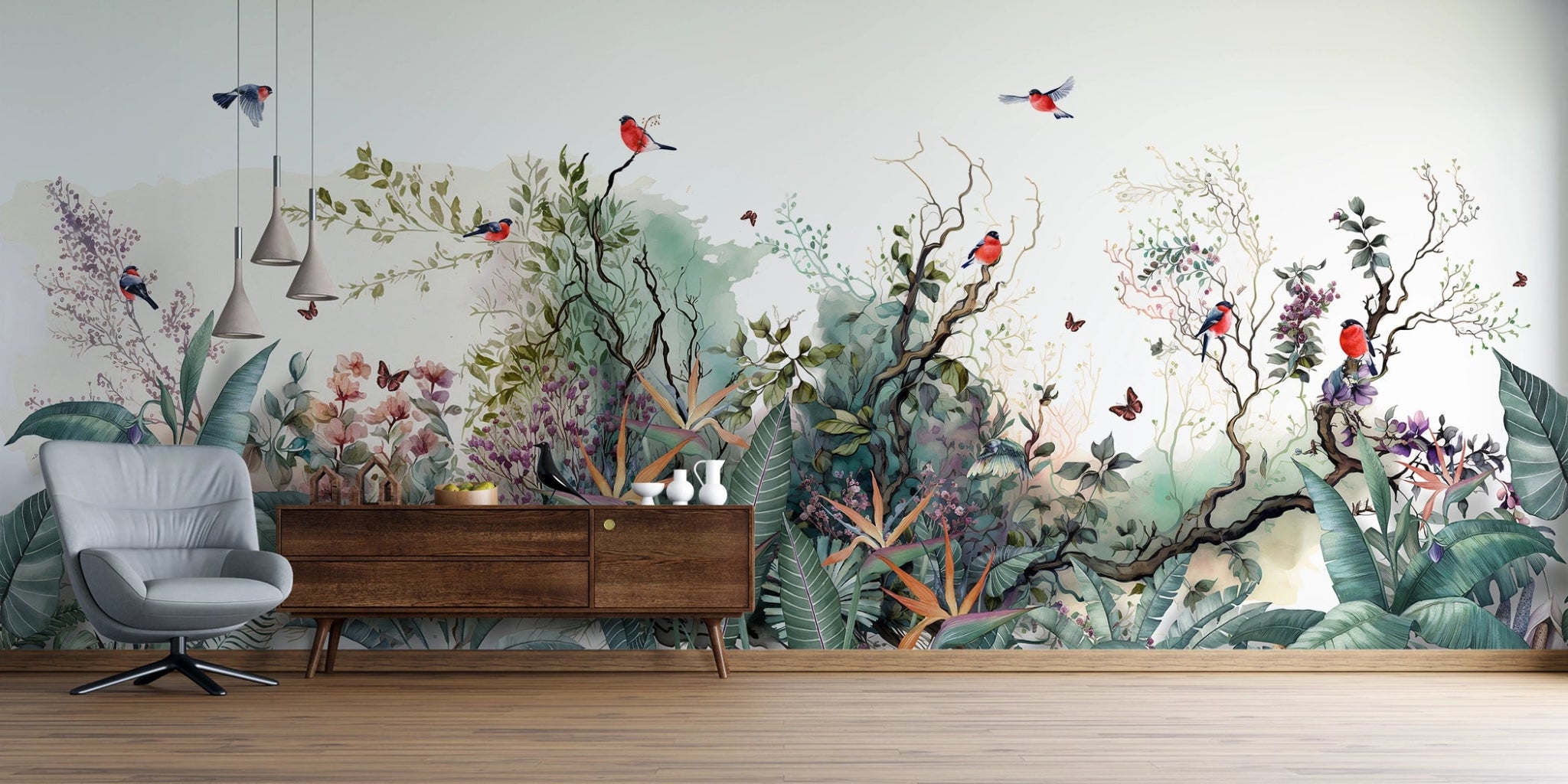 Papier Peint Panoramique Fleurs et oiseaux tropicaux - Kam & Leon
