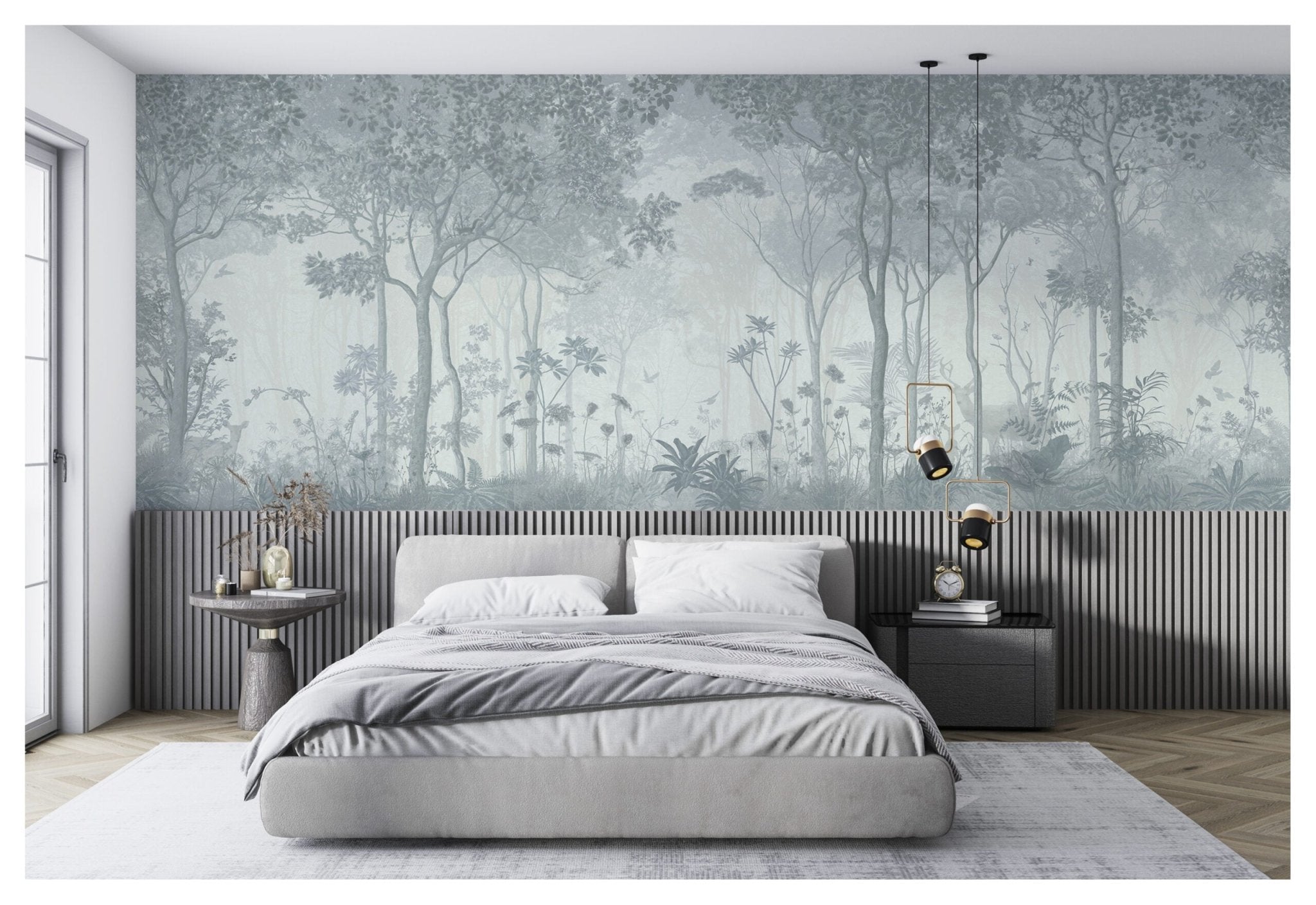 Papier peint panoramique forêt blanche et grise - Kam & Leon