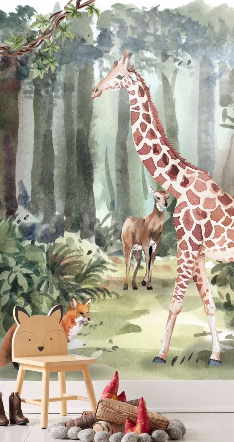 Papier peint panoramique girafe et éléphant - Kam & Leon