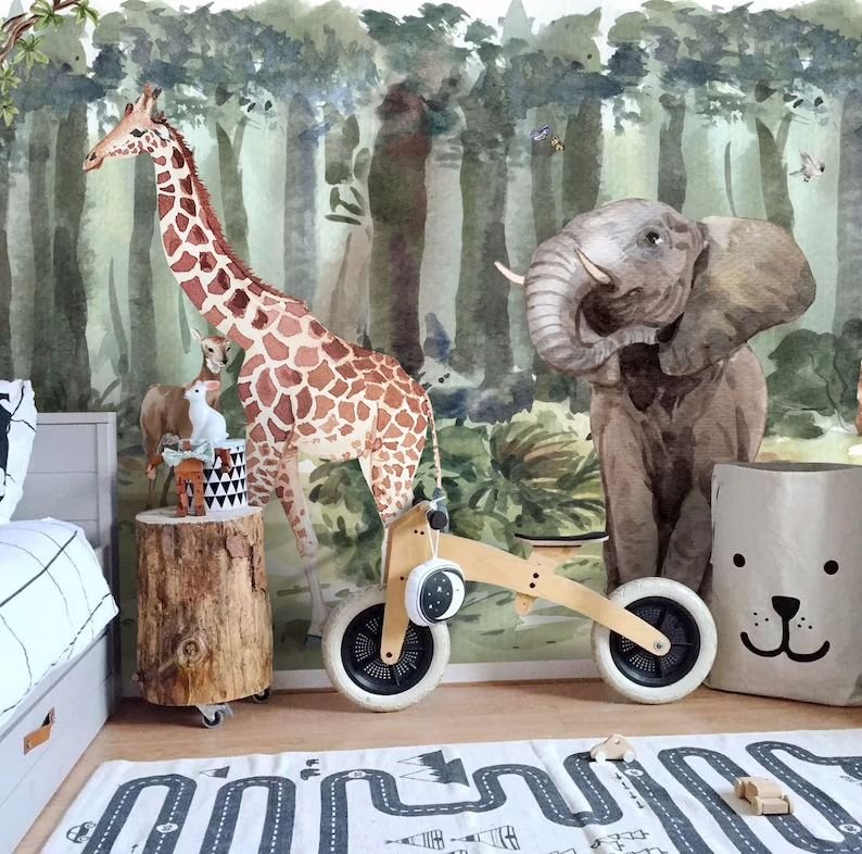 Papier peint panoramique girafe et éléphant - Kam & Leon