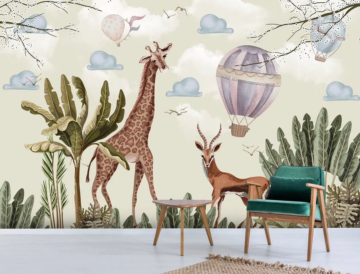 Papier peint panoramique girafe & impala - Kam & Leon