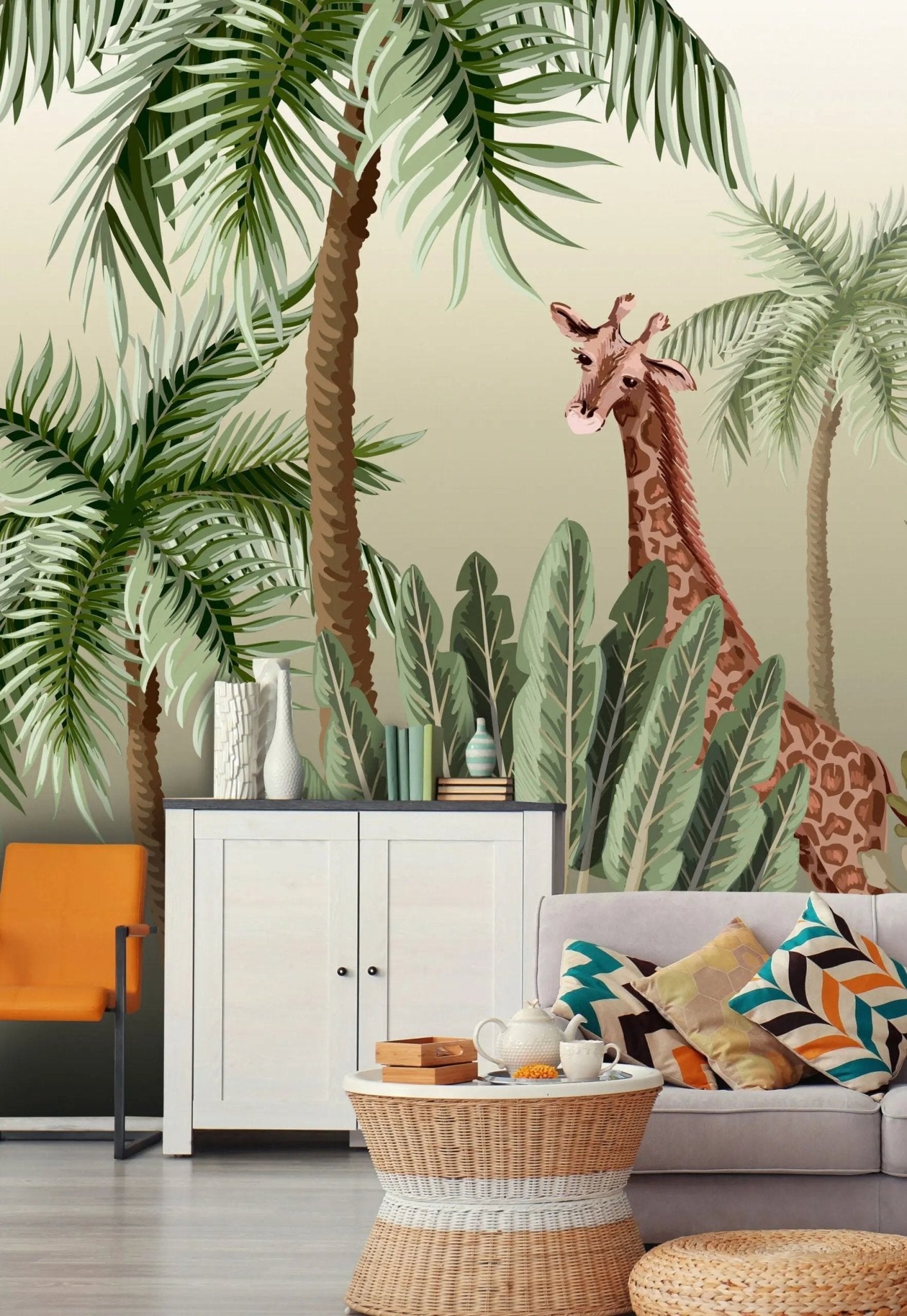 Papier peint panoramique girafe sous les palmiers - Kam & Leon