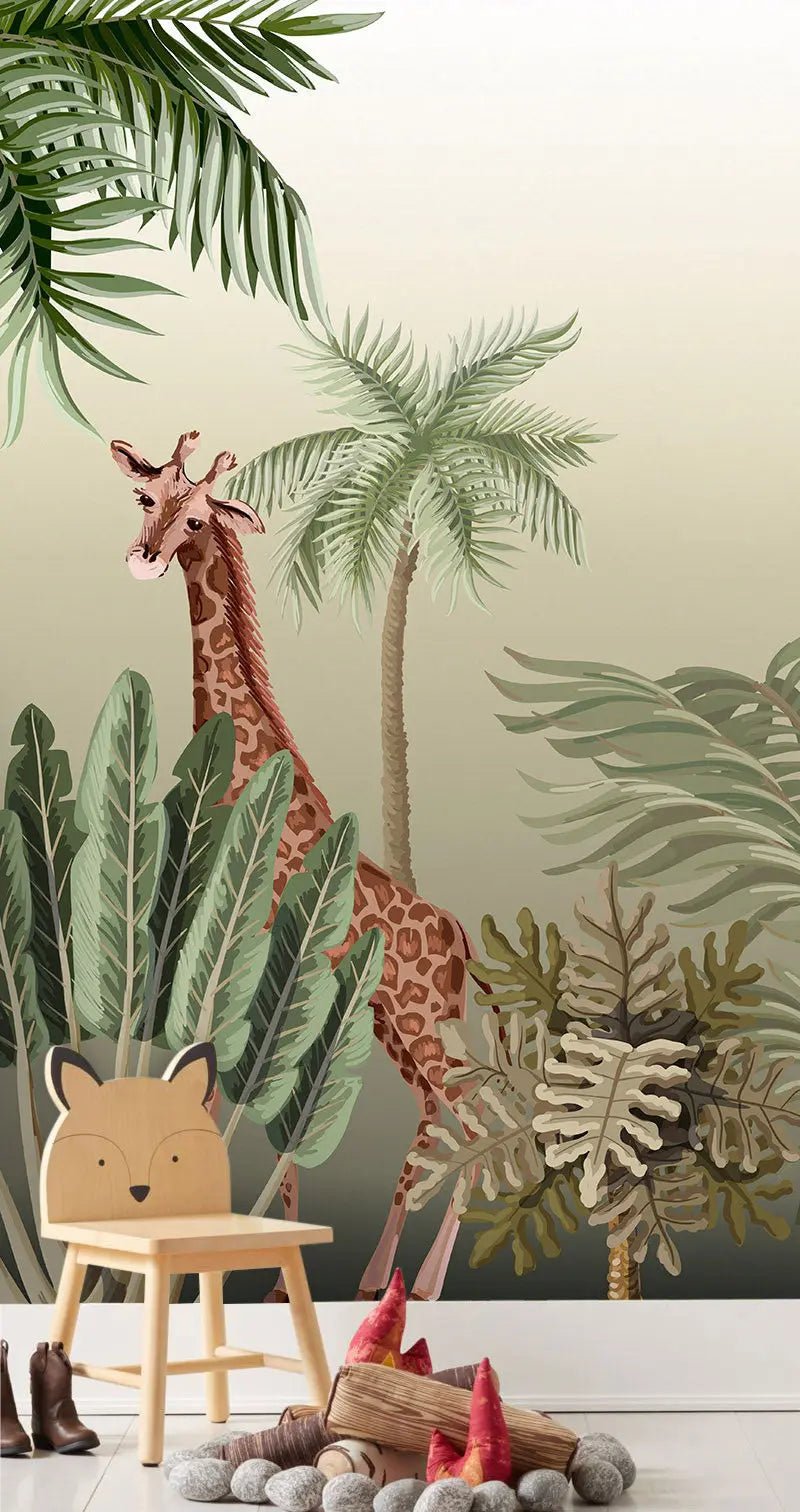 Papier peint panoramique girafe sous les palmiers - Kam & Leon