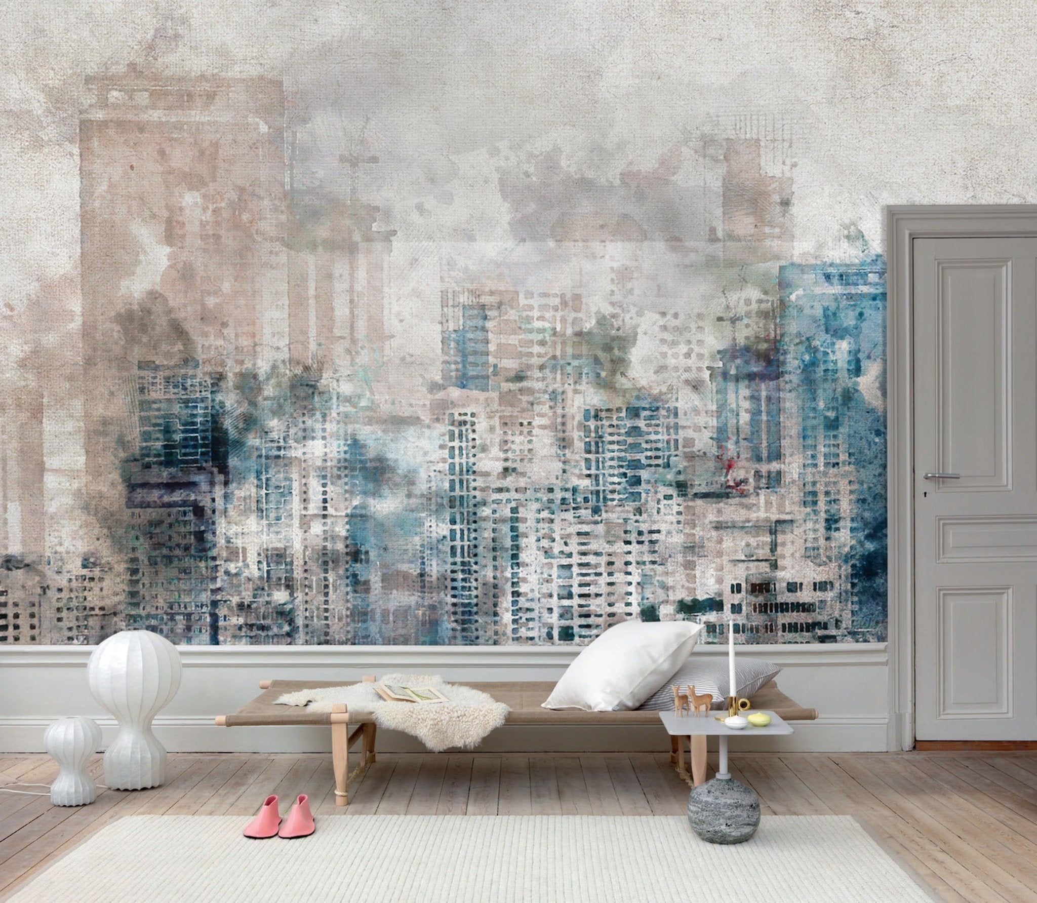 Papier peint panoramique gratte-ciel en peinture aquarelle - Kam & Leon