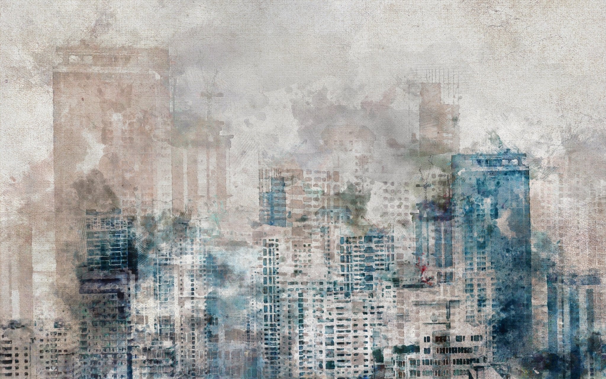 Papier peint panoramique gratte-ciel en peinture aquarelle - Kam & Leon