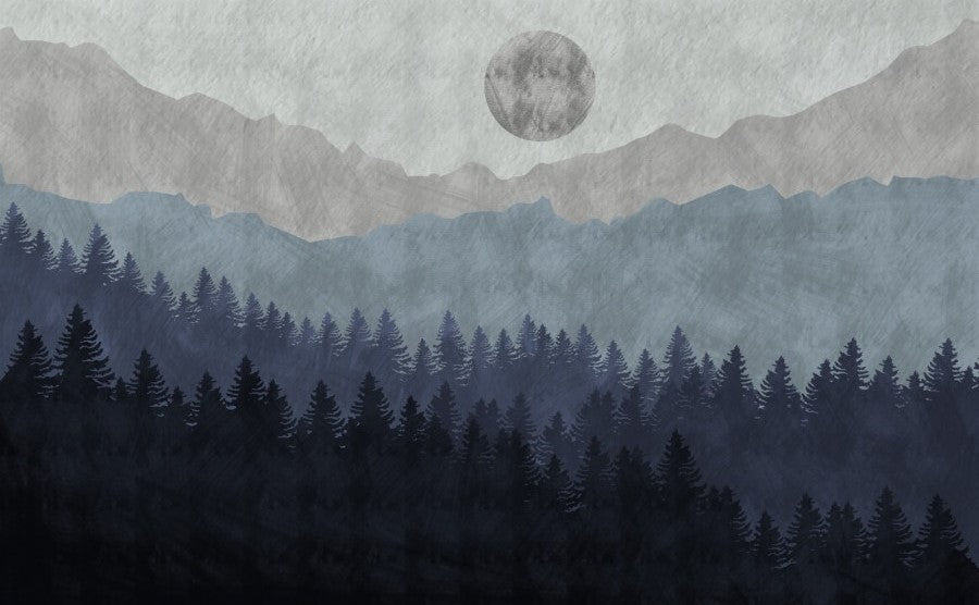 Papier peint panoramique horizon montagneux et sapin bleu - Kam & Leon