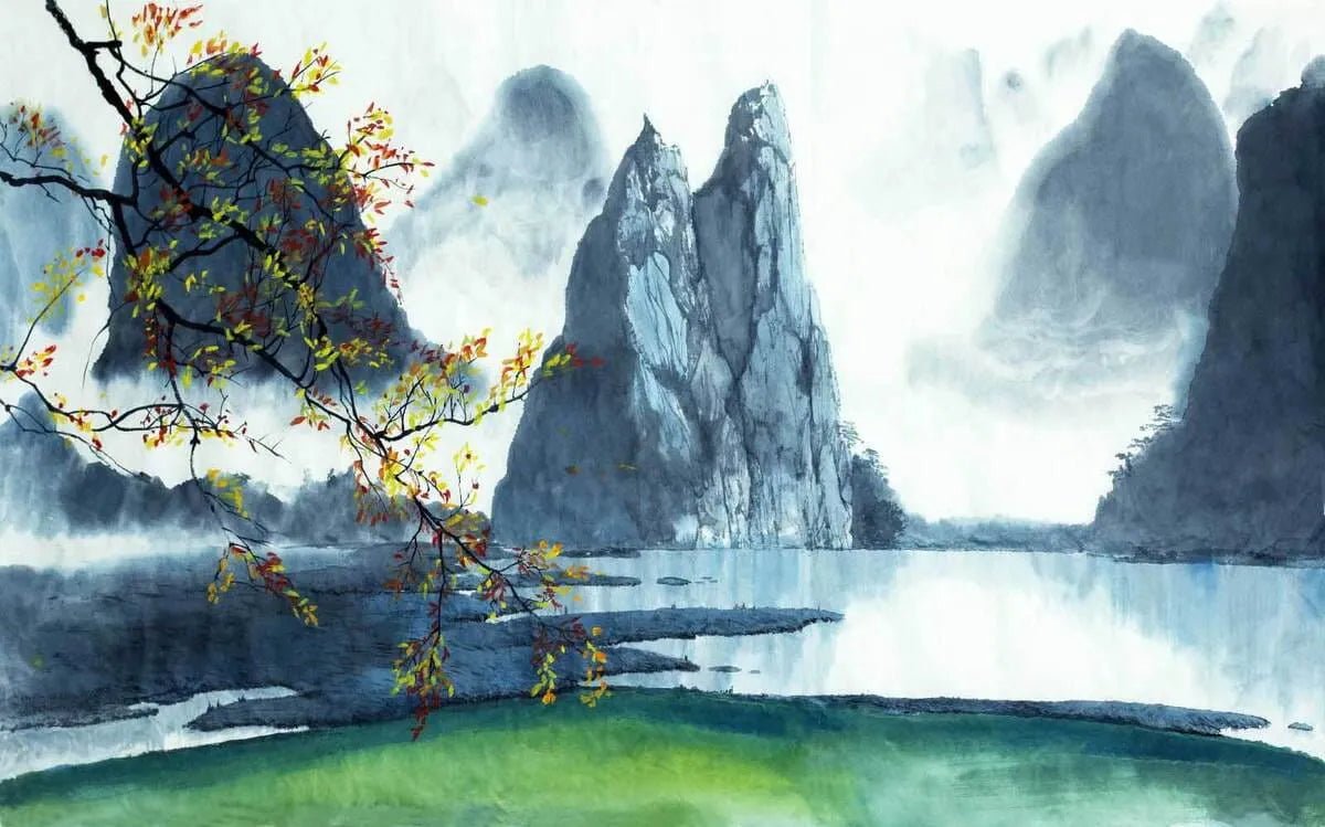 Papier peint panoramique illustration lac et montagne chinoise - Kam & Leon