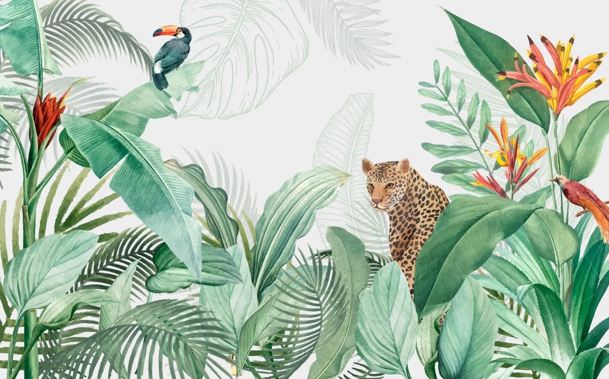 Papier peint panoramique jungle tropicale léopard & toucan - Kam & Leon