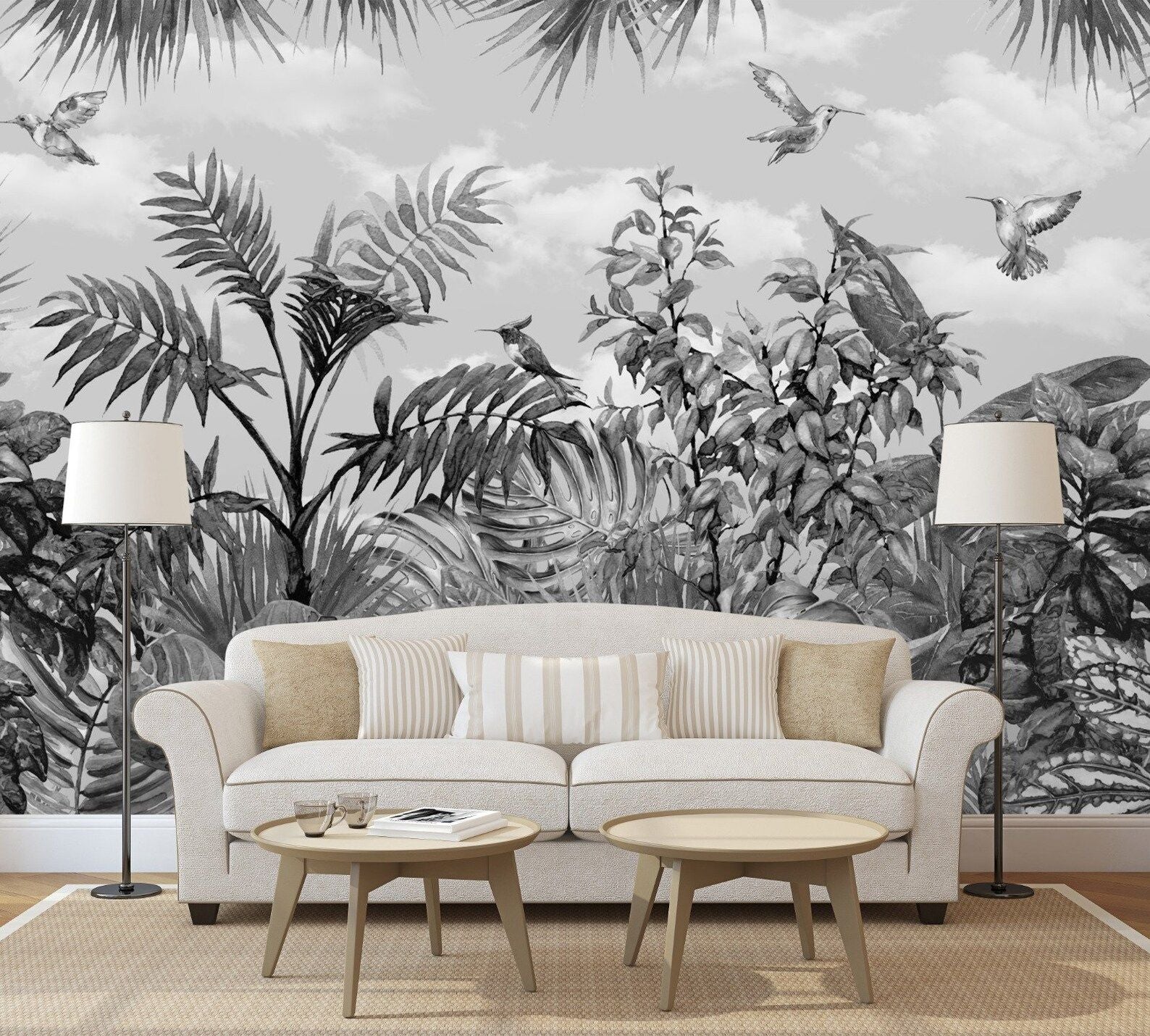 Papier peint panoramique jungle tropicale noir et blanc - Kam & Leon