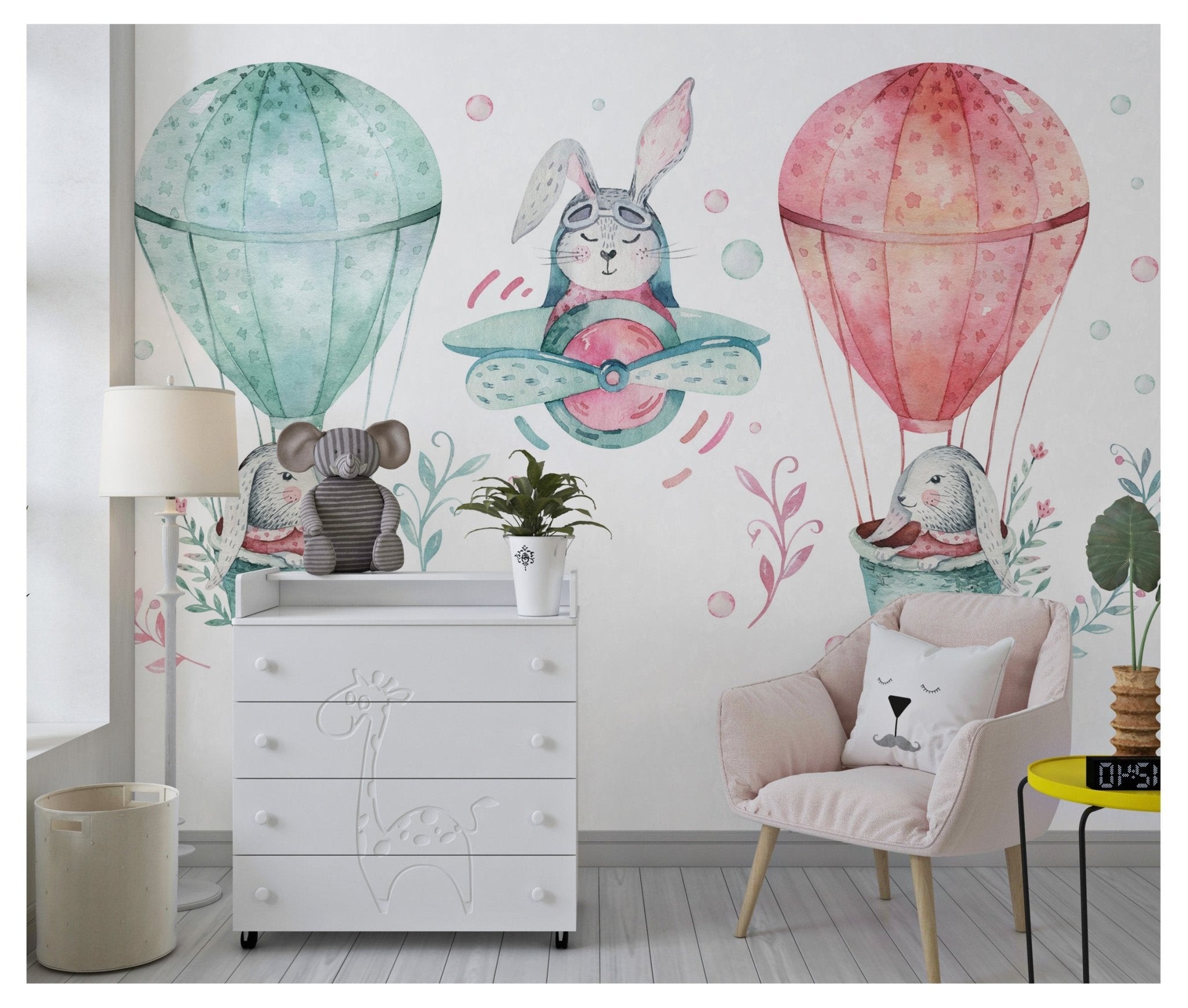 Papier peint panoramique lapins en montgolfières - Kam & Leon