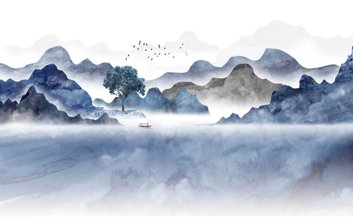 Papier peint panoramique montagne bleue - Kam & Leon