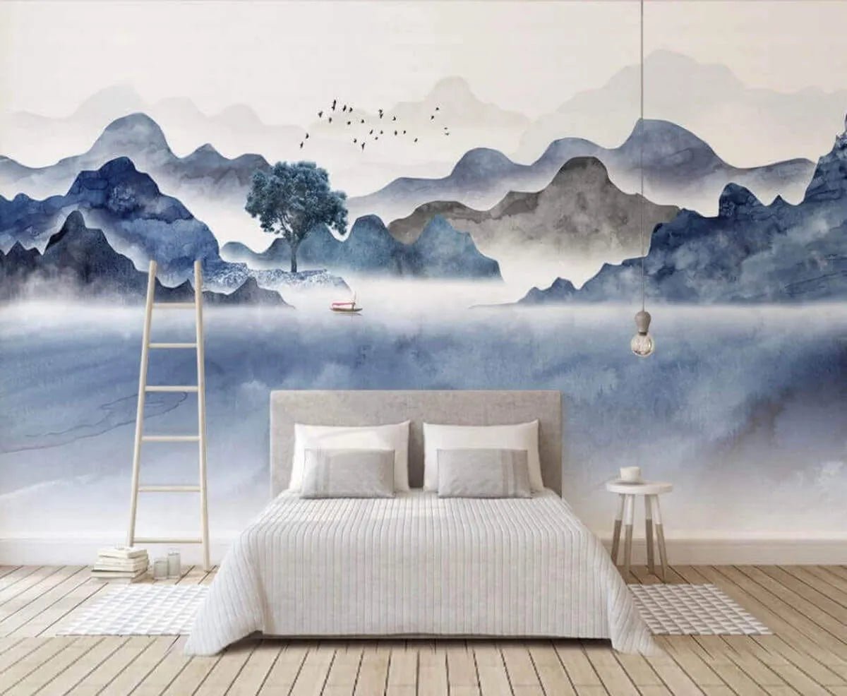Papier peint panoramique montagne bleue - Kam & Leon