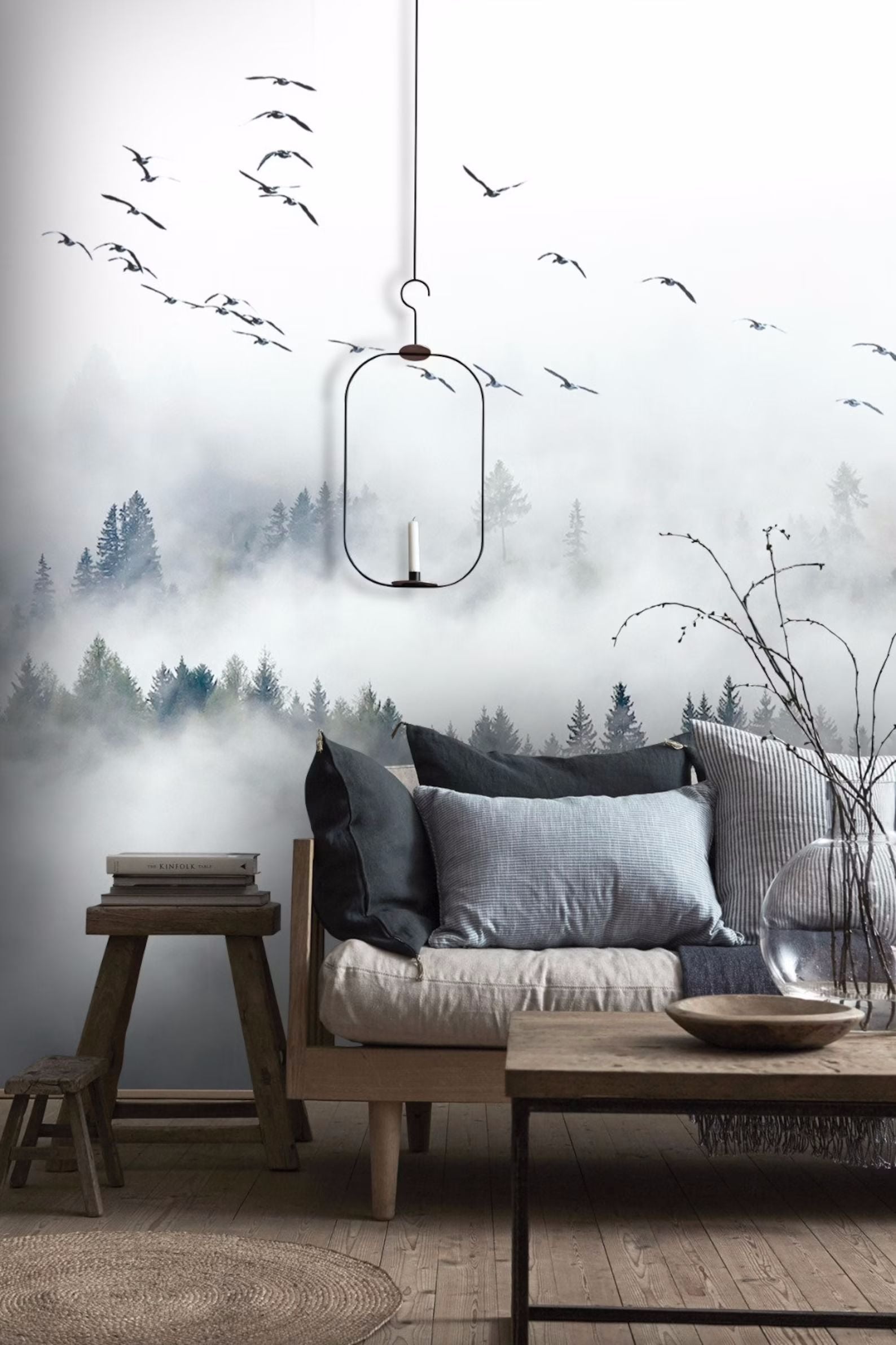 Papier peint panoramique montagne sous la brume et sa nuée d'oiseaux livraison offerte - Kam & Leon