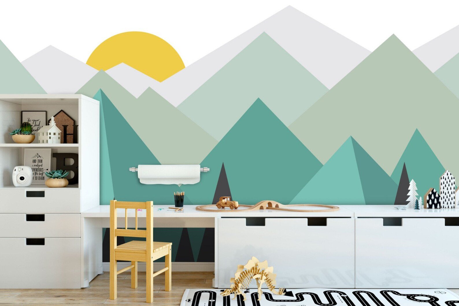 Papier peint panoramique montagne graphique enfant - Kam & Leon