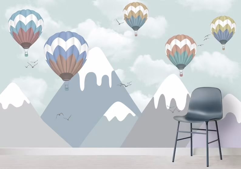 Papier peint panoramique montgolfières survolant la montagne - Kam & Leon