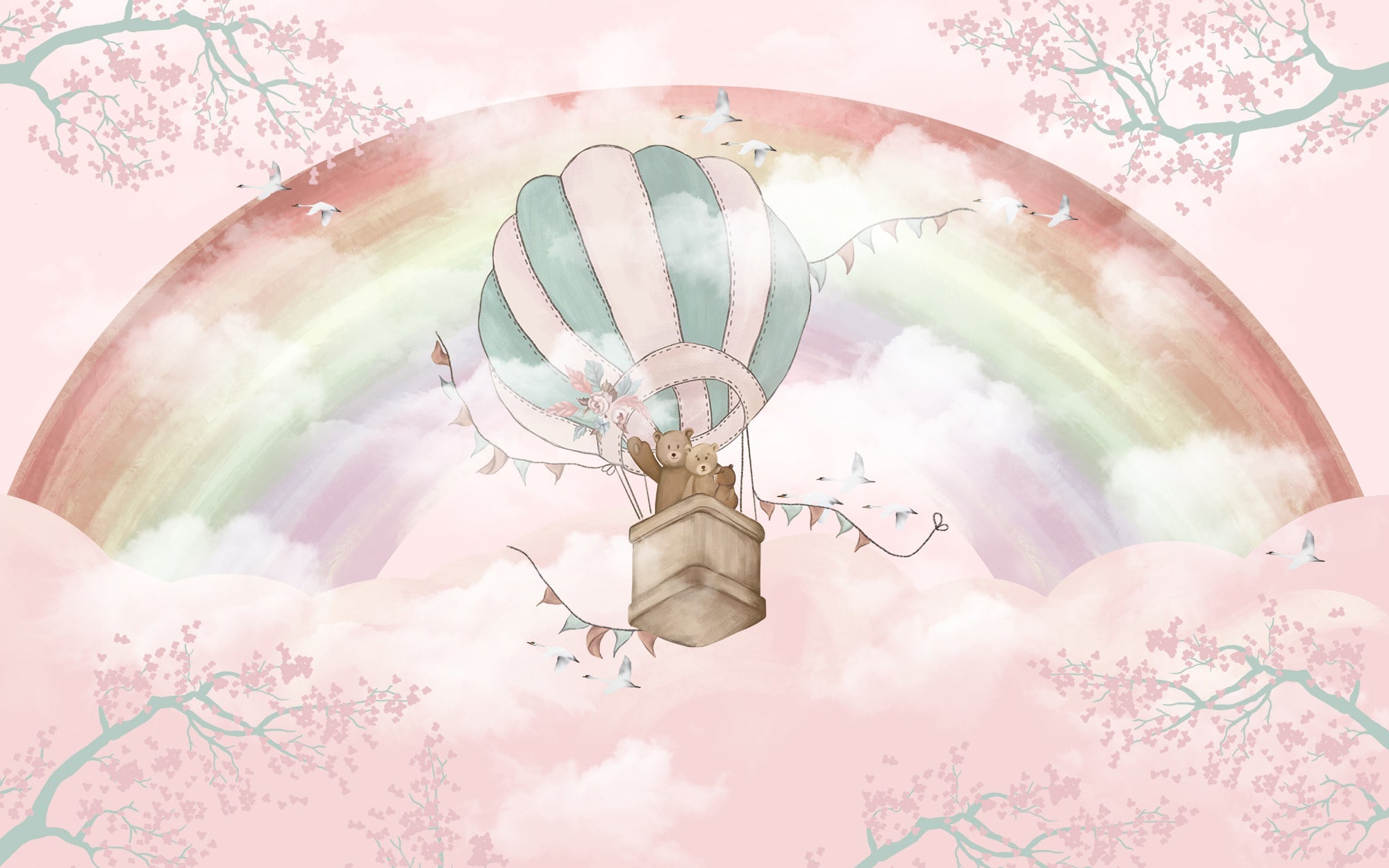Papier peint panoramique ours en montgolfière sous l'arc-en-ciel - Kam & Leon