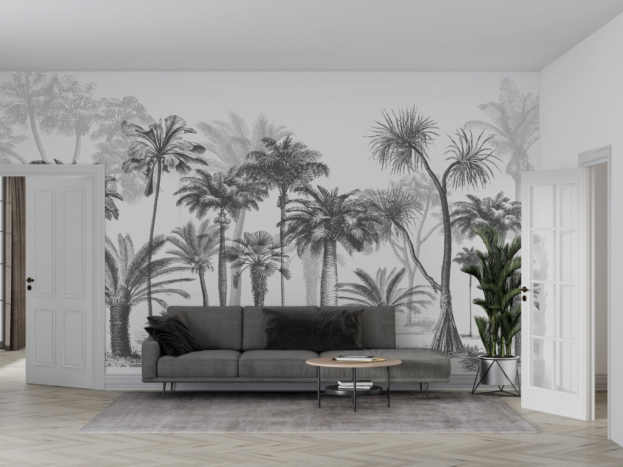 Papier peint panoramique palmier en noir & blanc - Kam & Leon