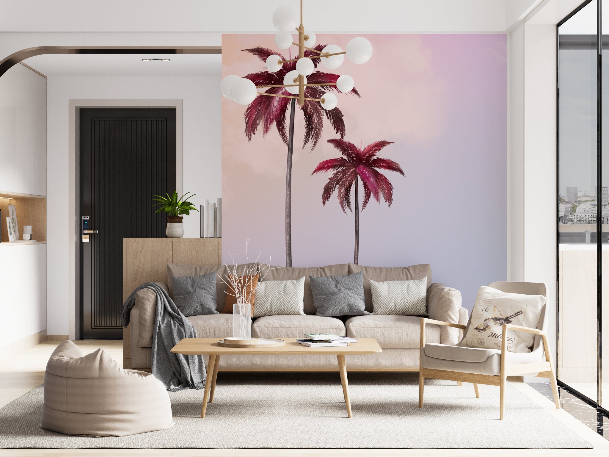 Papier peint panoramique palmier rose - Kam & Leon